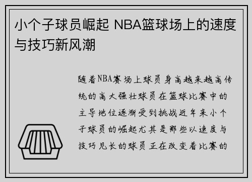 小个子球员崛起 NBA篮球场上的速度与技巧新风潮