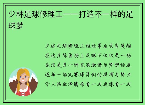少林足球修理工——打造不一样的足球梦