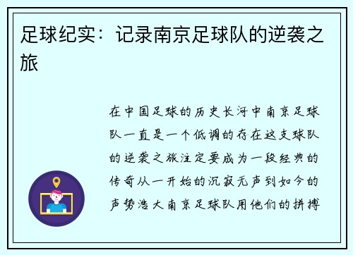 足球纪实：记录南京足球队的逆袭之旅