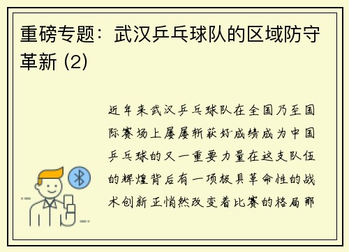 重磅专题：武汉乒乓球队的区域防守革新 (2)