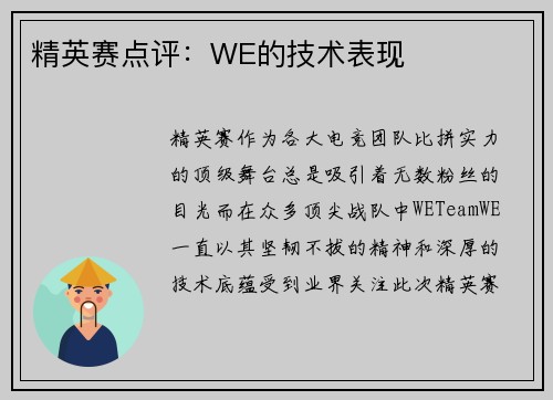 精英赛点评：WE的技术表现