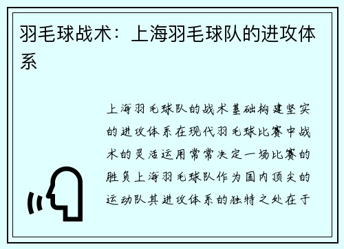 羽毛球战术：上海羽毛球队的进攻体系