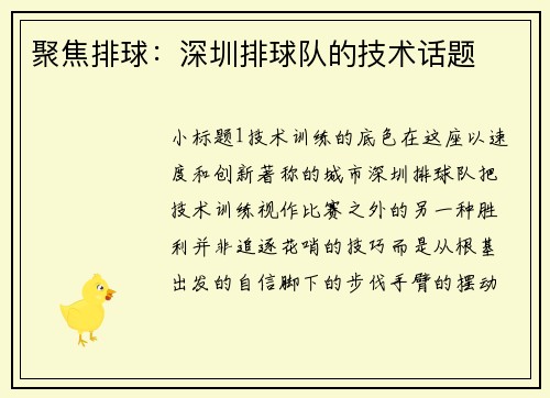聚焦排球：深圳排球队的技术话题