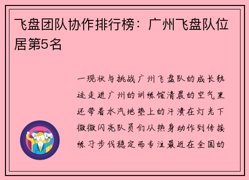 飞盘团队协作排行榜：广州飞盘队位居第5名